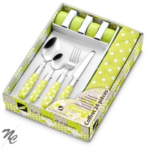 Coffret 16 pièces en inox + serviettes + ronds de serviettes 