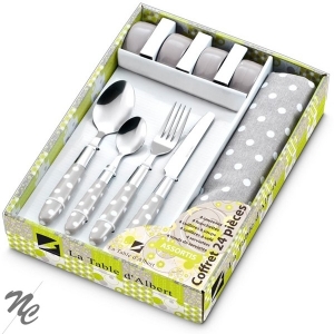 Coffret 16 pièces en inox + serviettes + ronds de serviettes taupe 